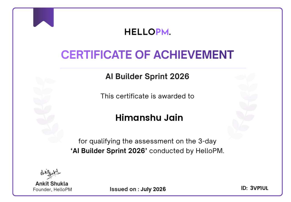 HelloPM AI Builder Sprint 2026 certificate of achievement