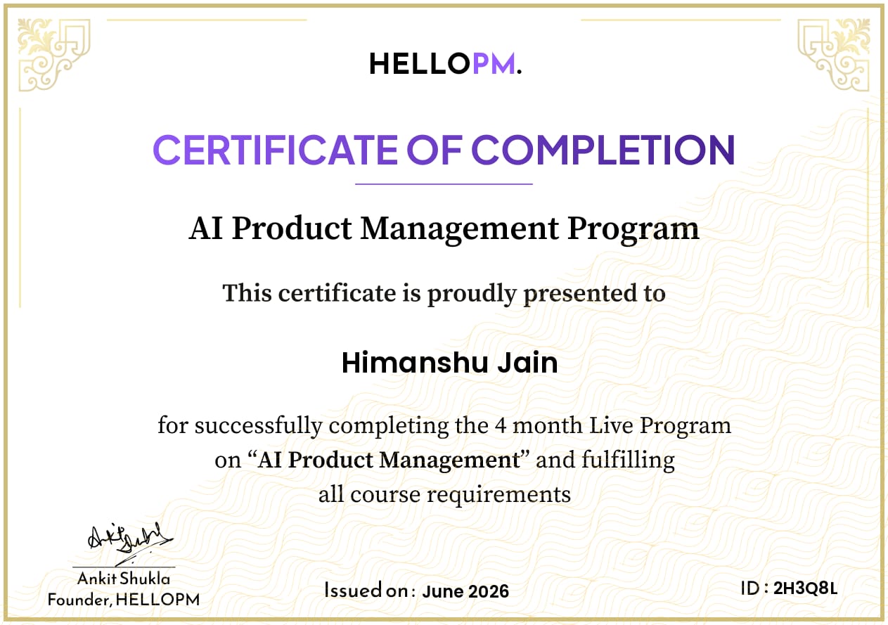 HelloPM AI Product Management Program completion certificate
